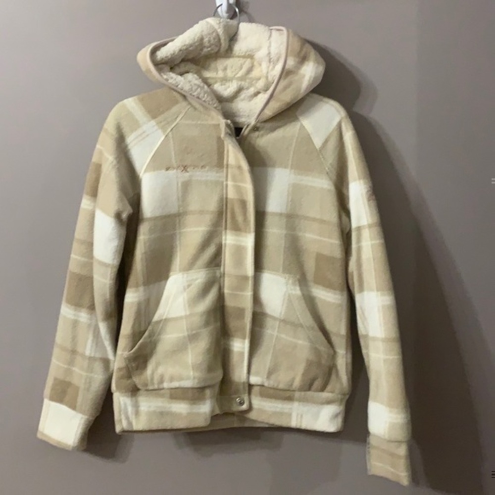 misses Ariel hood fleece cream plaid jacket Small